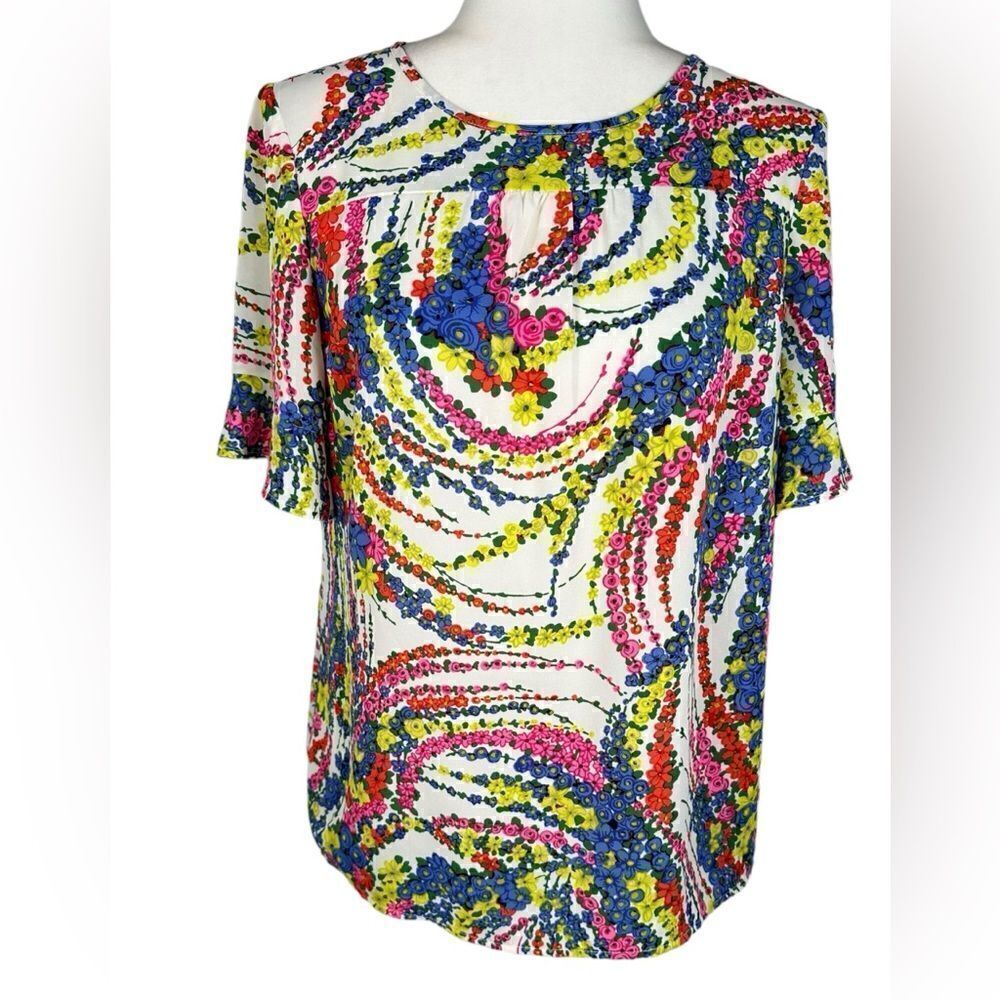 Talbots Petite Yellow & Pink Multi Swirl Print Short Sleeve Ruffle Sleeve Blouse